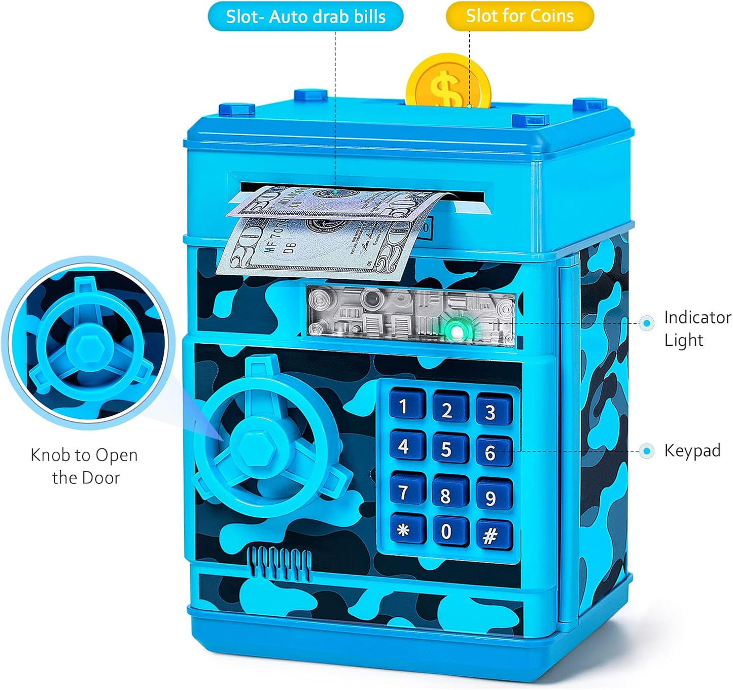 Piggy Bank for Boys Girls, Vcertcpl ATM Coin Bank Money Saving Box with Password, Kids Safe Money Jar with Auto Grab Bill Slot, Birthday Gifts Toys Bank for 6 7 8 9 10 11 12 Year Old Girls Boys