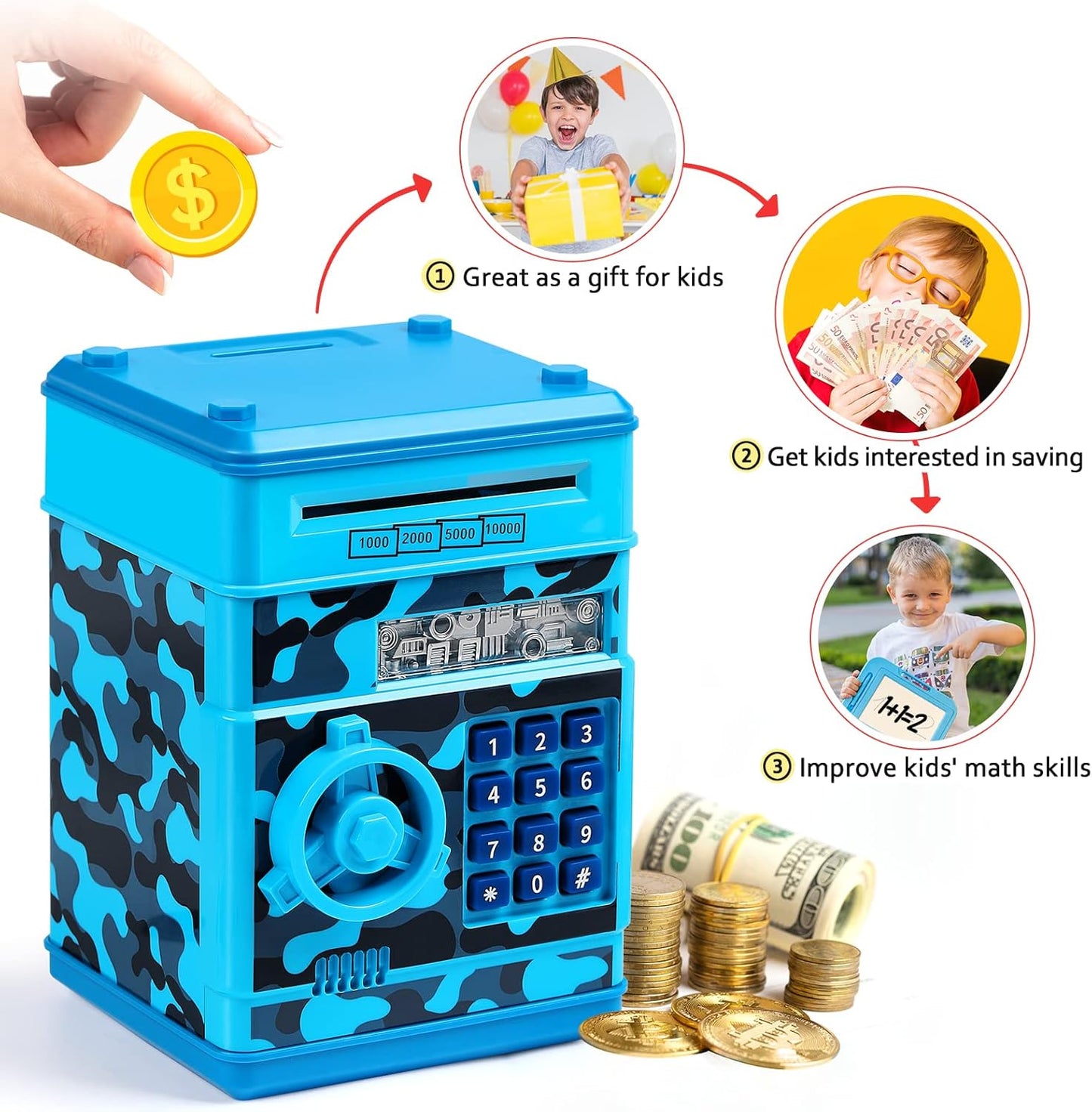 Piggy Bank for Boys Girls, Vcertcpl ATM Coin Bank Money Saving Box with Password, Kids Safe Money Jar with Auto Grab Bill Slot, Birthday Gifts Toys Bank for 6 7 8 9 10 11 12 Year Old Girls Boys
