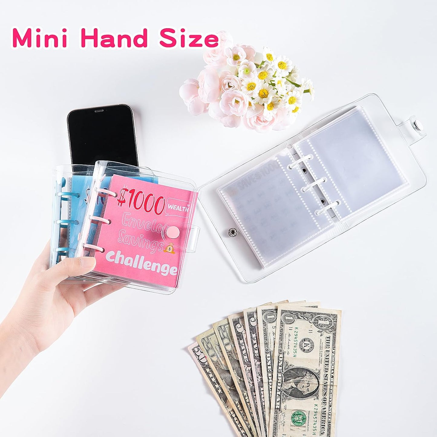 $1000 Savings Challenges Book with Envelopes, Budget Planner 2025 with Cash Envelopes, Mini Money Saving Binder for Office, Home, School Pink