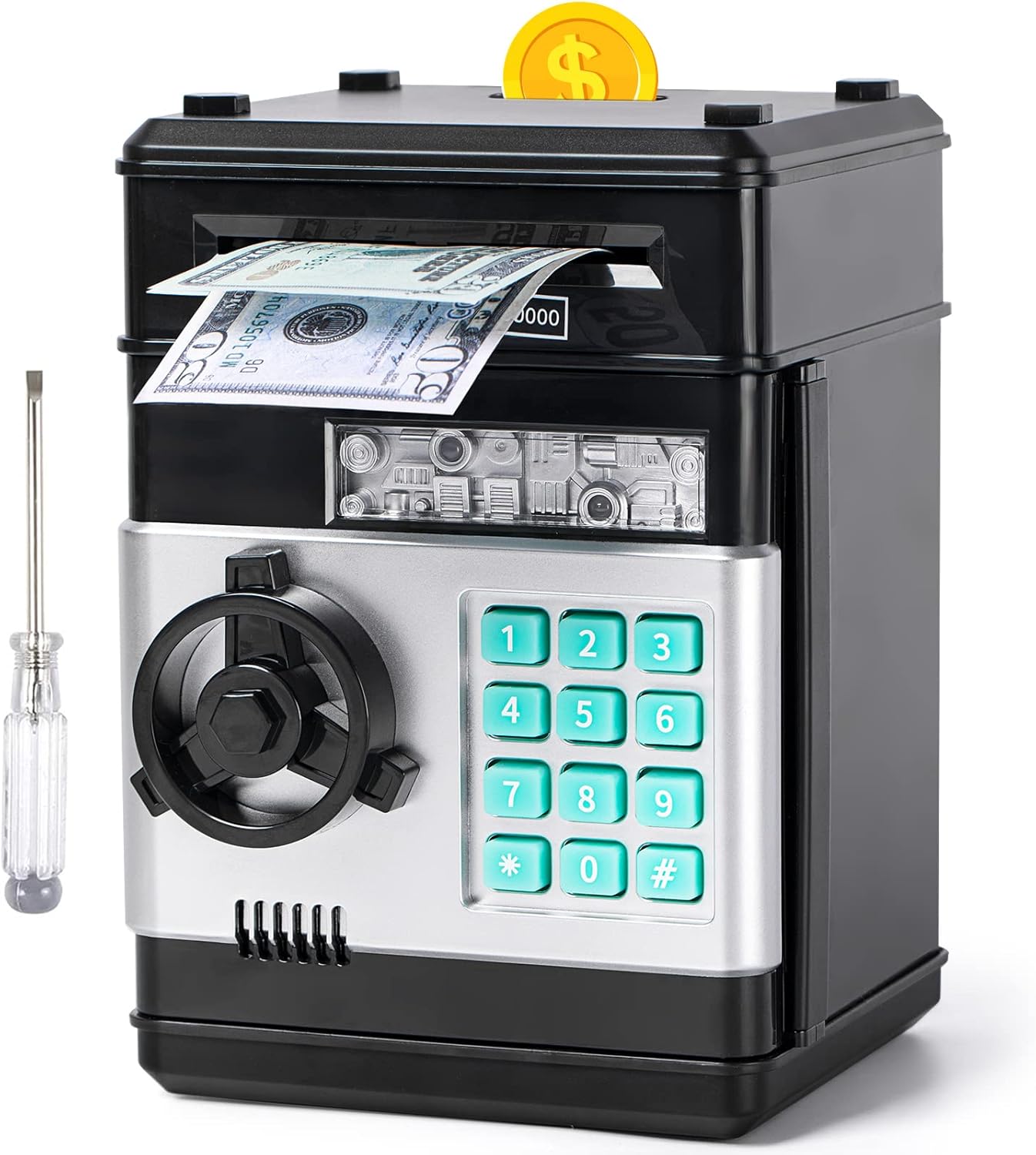 Piggy Bank for Boys Girls, Vcertcpl ATM Coin Bank Money Saving Box with Password, Kids Safe Money Jar with Auto Grab Bill Slot, Birthday Gifts Toys Bank for 6 7 8 9 10 11 12 Year Old Girls Boys