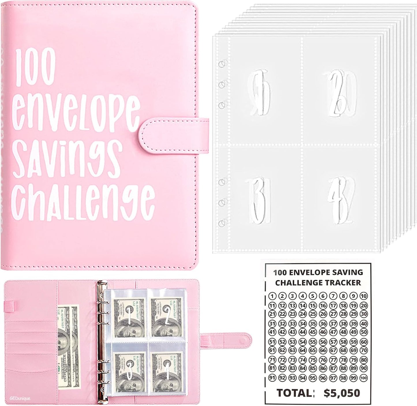 $1000 Savings Challenges Book with Envelopes, Budget Planner 2025 with Cash Envelopes, Mini Money Saving Binder for Office, Home, School Pink