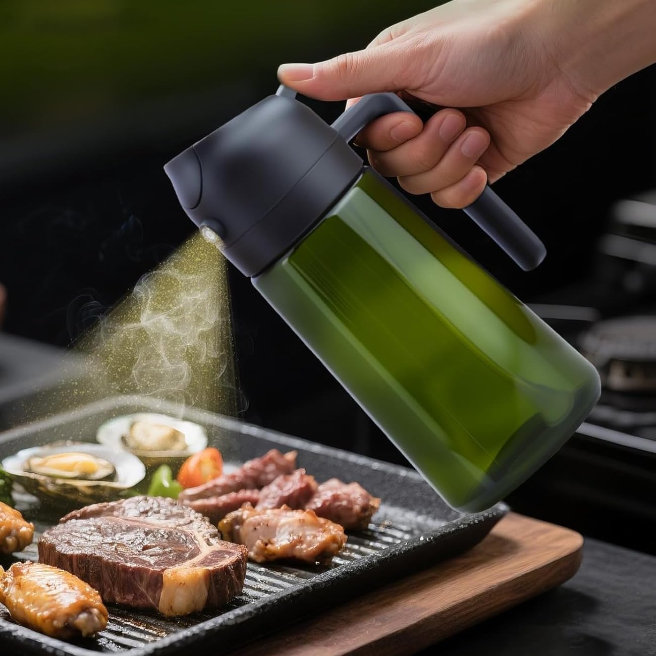 2 in 1 Light-Blocking Dark Oil Sprayer, 16oz/470ml Oil Dispenser Bottle for Kitchen, Premium Amber Glass Oil Bottle, Food-Grade Oil Mister for Air Fryer, BBQ, Green