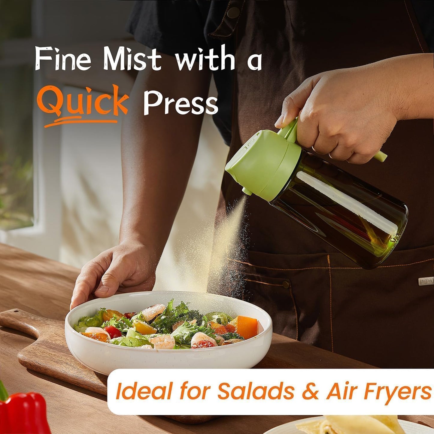 2 in 1 Light-Blocking Dark Oil Sprayer, 16oz/470ml Oil Dispenser Bottle for Kitchen, Premium Amber Glass Oil Bottle, Food-Grade Oil Mister for Air Fryer, BBQ, Green