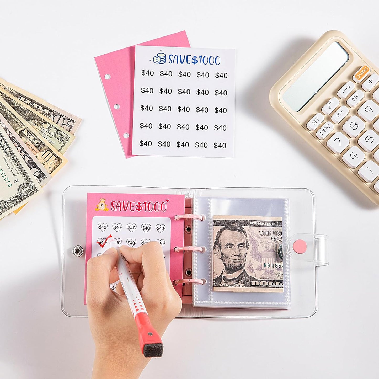 $1000 Savings Challenges Book with Envelopes, Budget Planner 2025 with Cash Envelopes, Mini Money Saving Binder for Office, Home, School Pink