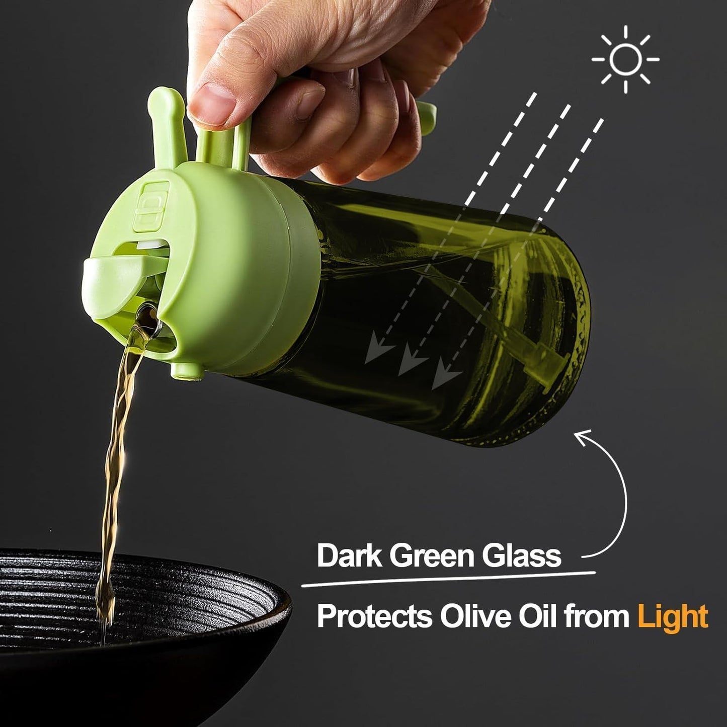 2 in 1 Light-Blocking Dark Oil Sprayer, 16oz/470ml Oil Dispenser Bottle for Kitchen, Premium Amber Glass Oil Bottle, Food-Grade Oil Mister for Air Fryer, BBQ, Green