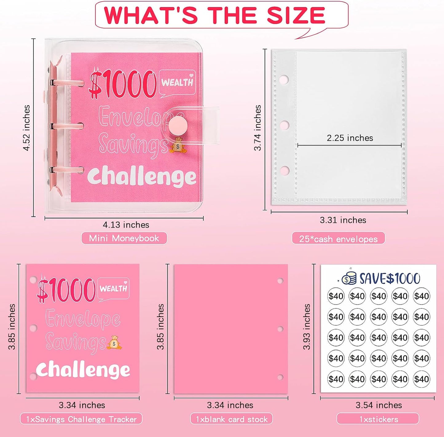 $1000 Savings Challenges Book with Envelopes, Budget Planner 2025 with Cash Envelopes, Mini Money Saving Binder for Office, Home, School Pink