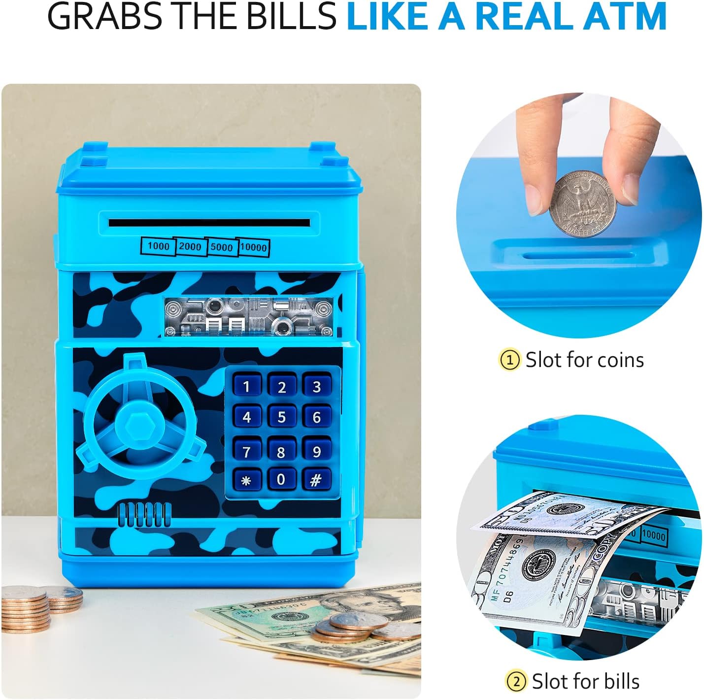 Piggy Bank for Boys Girls, Vcertcpl ATM Coin Bank Money Saving Box with Password, Kids Safe Money Jar with Auto Grab Bill Slot, Birthday Gifts Toys Bank for 6 7 8 9 10 11 12 Year Old Girls Boys