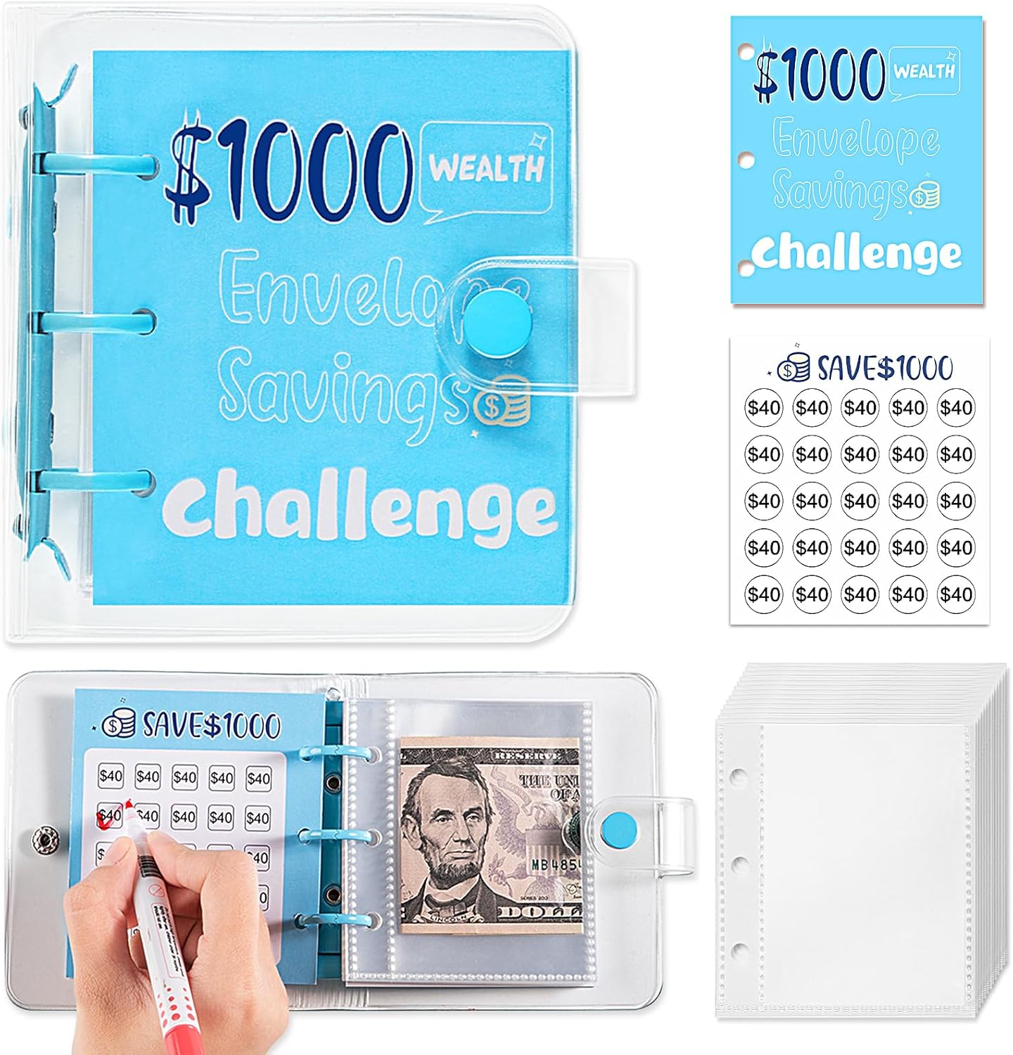 $1000 Savings Challenges Book with Envelopes, Budget Planner 2025 with Cash Envelopes, Mini Money Saving Binder for Office, Home, School Pink