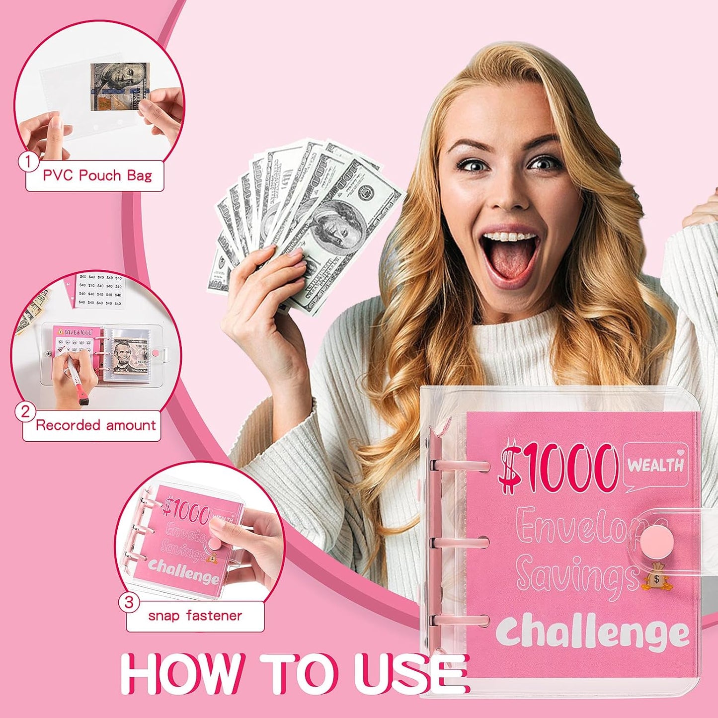 $1000 Savings Challenges Book with Envelopes, Budget Planner 2025 with Cash Envelopes, Mini Money Saving Binder for Office, Home, School Pink