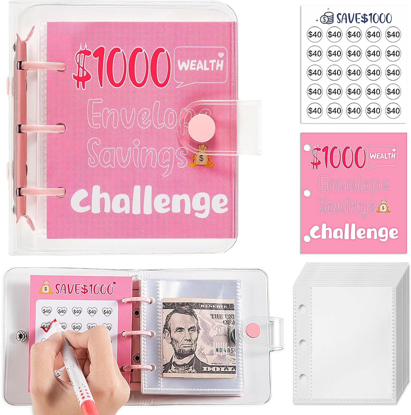 $1000 Savings Challenges Book with Envelopes, Budget Planner 2025 with Cash Envelopes, Mini Money Saving Binder for Office, Home, School Pink