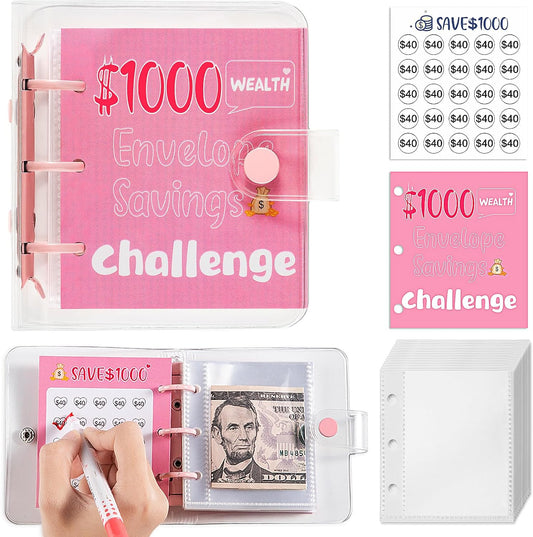 $1000 Savings Challenges Book with Envelopes, Budget Planner 2025 with Cash Envelopes, Mini Money Saving Binder for Office, Home, School Pink