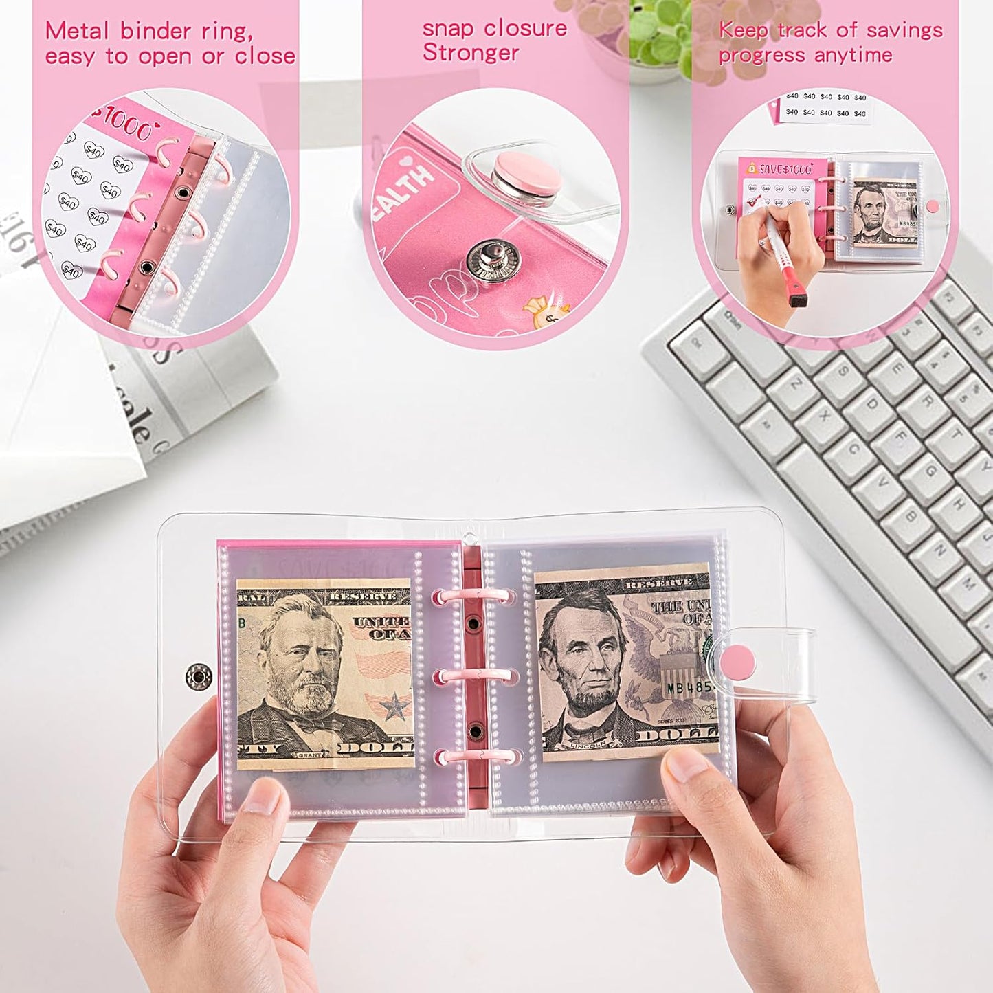 $1000 Savings Challenges Book with Envelopes, Budget Planner 2025 with Cash Envelopes, Mini Money Saving Binder for Office, Home, School Pink