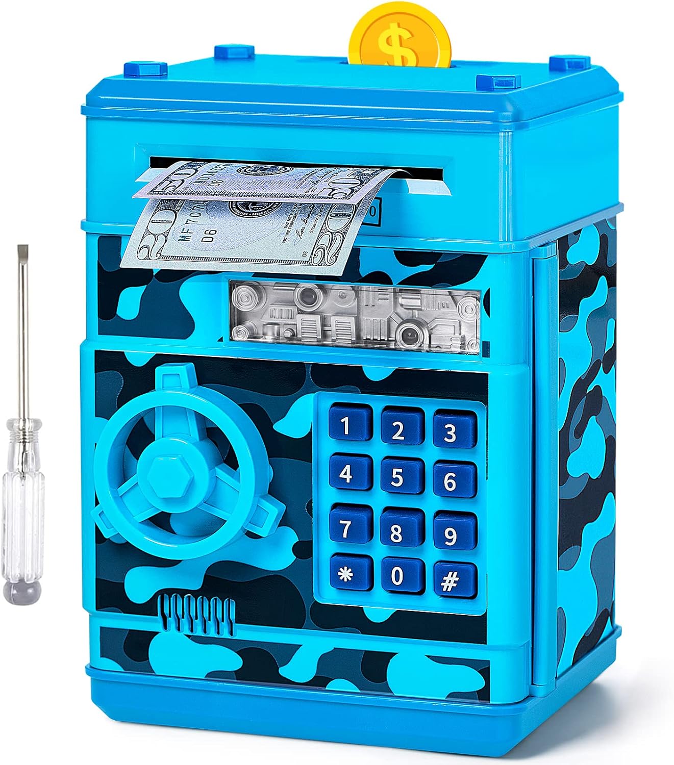 Piggy Bank for Boys Girls, Vcertcpl ATM Coin Bank Money Saving Box with Password, Kids Safe Money Jar with Auto Grab Bill Slot, Birthday Gifts Toys Bank for 6 7 8 9 10 11 12 Year Old Girls Boys